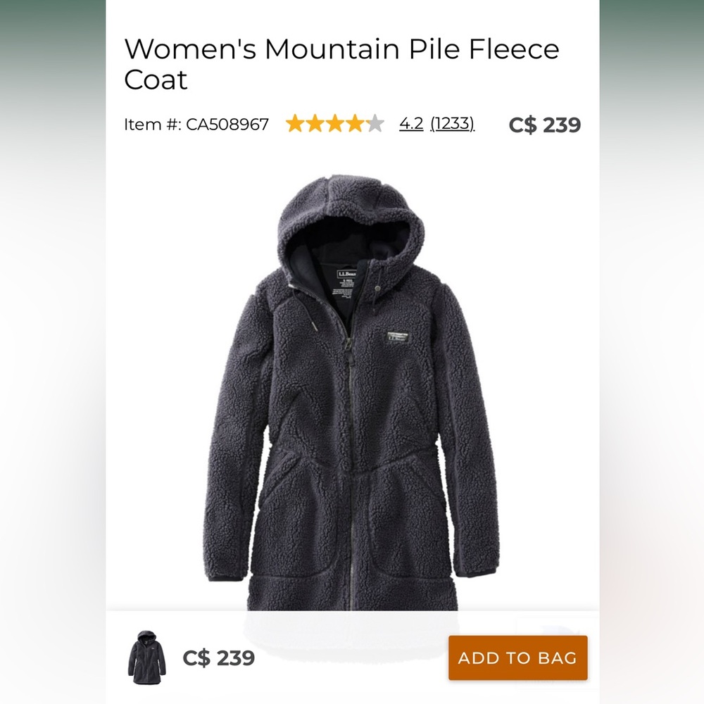 L.L. bean women’s mountain pile fleece coat small